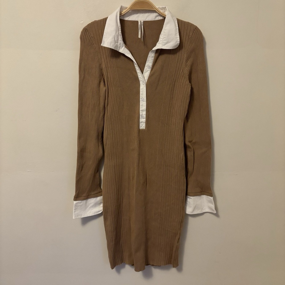 Anthropologie Ribbed Knit Polo Sweater Dress Tan‎ M Preppy Academia Officecore